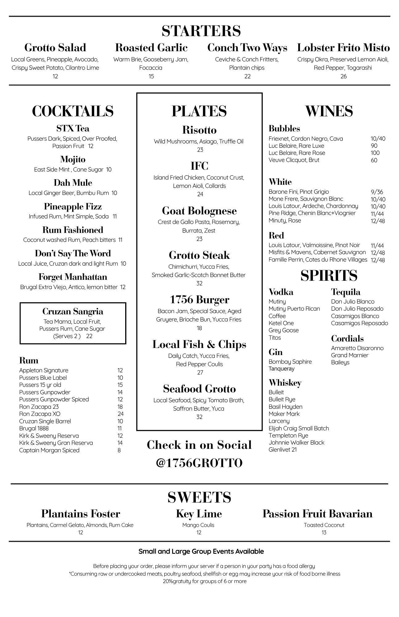 1756 Grotto St Croix Restaurant Menu Summer 2025